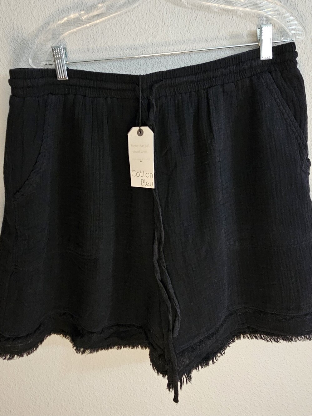 Fun Raw Hem Black Women’s Cotton Bleu Casual Drawstring Shorts, 1X